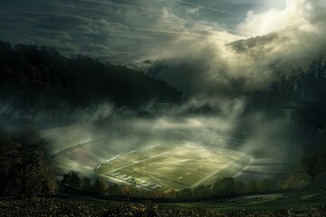 Think of a stadium nestled in a valley, where fog machines create a mysterious atmosphere, styled in a postimpressionistic manner with textfriendly margins
