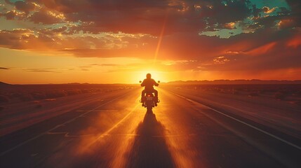 AI generated illustration of a motorcyclist riding into sunset on road