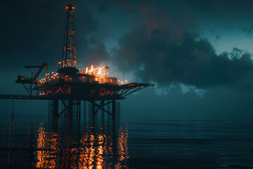 Majestic offshore oil rig brilliantly illuminated against the moody twilight sky reflected in calm waters.