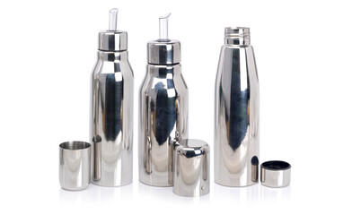 Camera shot on stainless steel bottles with isolated background