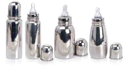 Camera shot on stainless steel bottles with isolated background