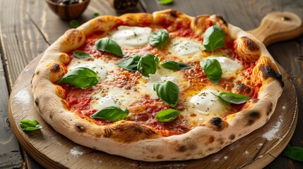 Mouthwatering fresh pizza with tomato sauce, mozzarella, and basil on wooden board.