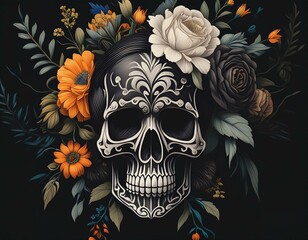 a skull with flowers on it's head and a black background with a black background and a white skull with flowers on it's head