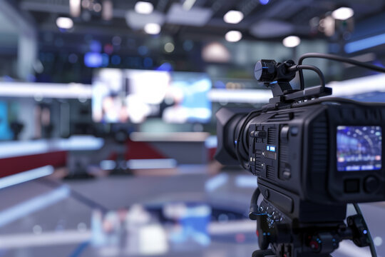 Behind the scenes of a television studio, focused on a camera.