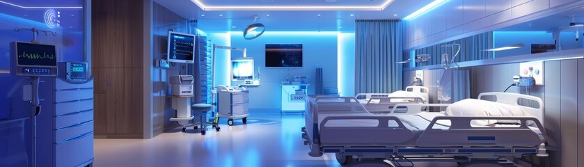 Visualize a smart hospital room that adjusts lighting, temperature, and noise to optimize patient recovery