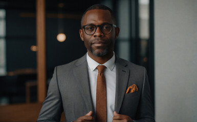 Fototapeta premium Close-up of a 40-year-old African American black man wearing glasses and a business suit. Company employee.