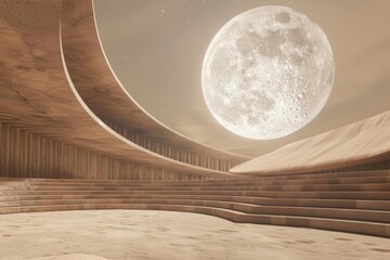 Visualize an expansive desert stadium under a holographic moon, blending natural sand dunes with digital projections, crafted in a minimalist style with areas for text insertion