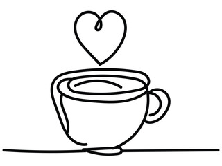 One-line art of handdrawn cup of coffee with heart symbol decorated in a vector design