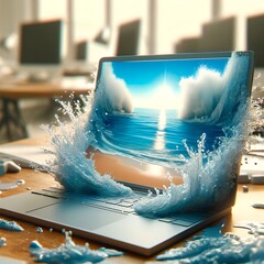 3D Art of Beach Scene on Laptop with Water Splash on Untidy Desk