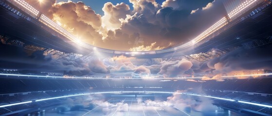 Visualize a stadium within a cloud, accessed by virtual reality, styled in a Futurist manner with areas designed for text - Powered by Adobe