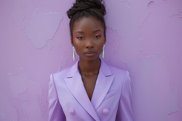 An elegant image of a female executive in a tailored light purple suit and silver accessories, photographed against a soft lavender background. 