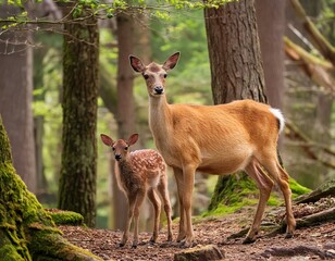a young deer standing next to an adult deer in a forest.
