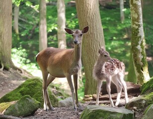 a young deer standing next to an adult deer in a forest.