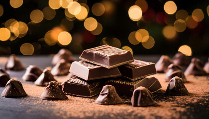 chocolate pieces on transparent background with small depth of field, perfect for wallpaper or card