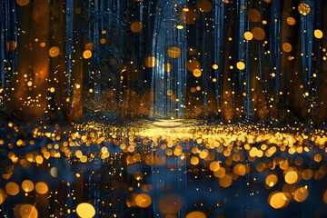 a forest at night, illuminated by yellow lights and dotted with glittering reflections on the ground and surrounding trees - Powered by Adobe