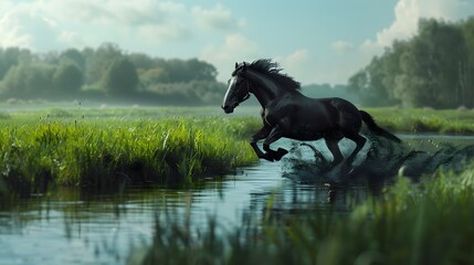  Beautiful dark horse racing through a lush countryside, framed by emerald fields and a serene blue canal. 
