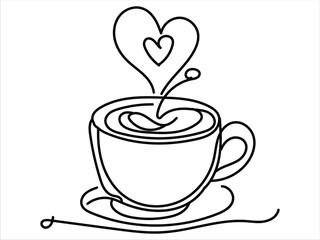 One-line art of handdrawn cup of coffee with heart symbol decorated in a vector design