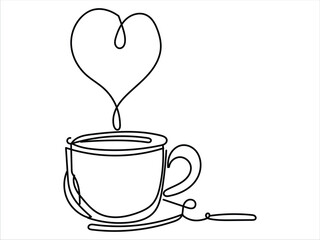 One-line art of handdrawn cup of coffee with heart symbol decorated in a vector design