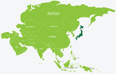 Highlighted green map of JAPAN inside light green political map of Asia using orthographic projection on light blue background