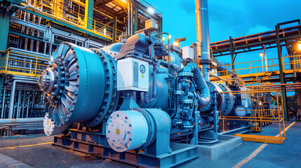 An expansive view of a large industrial pump at a manufacturing facility during twilight.