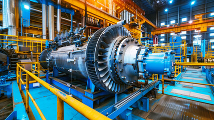 Large industrial turbine in a factory setting with intricate details and blue and yellow color scheme.
