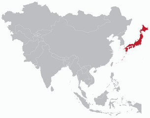 Highlighted red map of JAPAN inside grey detailed blank political map of Asia on light blue background, without the Middle East and Russia