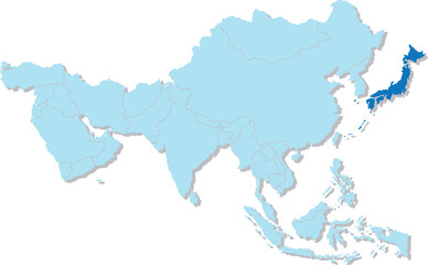 Highlighted blue map of JAPAN inside light blue 3D blank political map of Asia orthographic projection on transparent background, without Russia