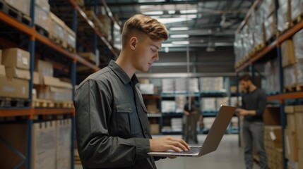 Young Worker with Laptop in Warehouse