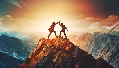 Couple of hikers with backpacks standing on top of a mountain and giving a high five