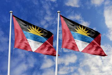  3d illustration. Antigua and Barbuda and Antigua and Barbuda Flag waving in sky. High detailed...