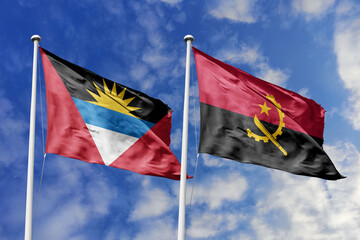  3d illustration. Antigua and Barbuda and Angola Flag waving in sky. High detailed waving flag. 3D...