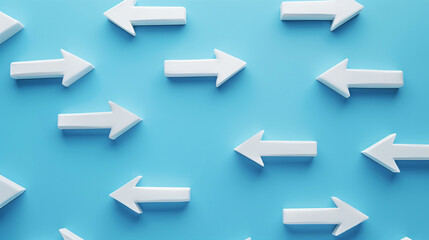 An array of white directional arrows on a plain blue background, pointing in various directions.