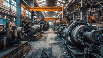 Industrial interior of a heavy machinery workshop with large machines and vibrant yellow gantry.