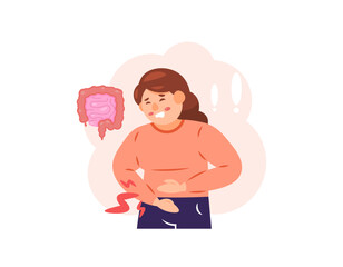illustration of a woman feeling pain in her stomach. stomach ache. appendicitis or inflammation of the appendix. intestinal inflammation. problems, conditions and health. flat style character