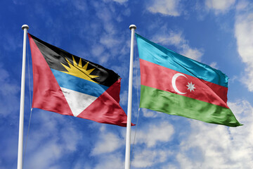  3d illustration. Antigua and Barbuda and Azerbaijan Flag waving in sky. High detailed waving flag....