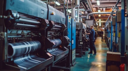 A busy printing press facility with workers operating large industrial machinery.