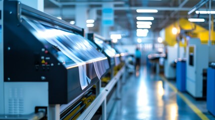 A modern manufacturing plant with large machinery processing sheet metal, shot in sharp focus with blurred background.