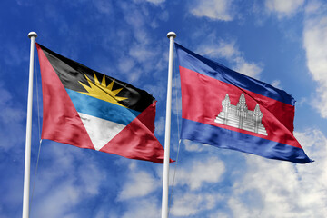  3d illustration. Antigua and Barbuda and Cambodia Flag waving in sky. High detailed waving flag. 3D render. Waving in sky. Flags fluttered in the cloudy sky.
