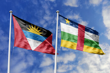  3d illustration. Antigua and Barbuda and Central African Republic Flag waving in sky. High detailed waving flag. 3D render. Waving in sky. Flags fluttered in the cloudy sky.