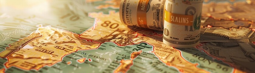 Euro banknotes on the Europe map Concept of Eurozone, European economy, stock market in EU