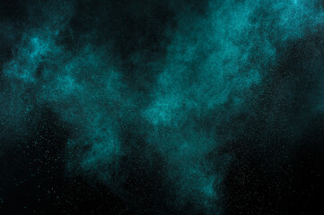 Aquamarine smoke cloud on black background. Light texture on dark sky. Space backdrop. Explosion...