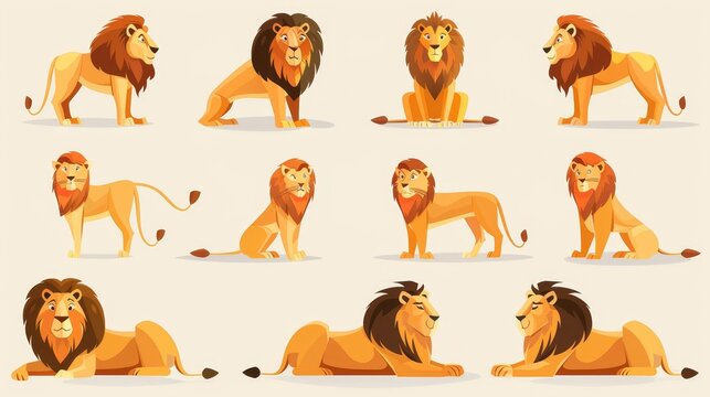 Modern illustration of an isolated leo king, lion, wild jungle cat in various poses. Standing, sitting, lying, hunting, stretching body, zoo park predator.