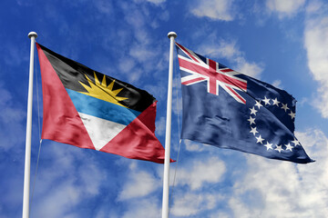  3d illustration. Antigua and Barbuda and Cook Islands Flag waving in sky. High detailed waving...