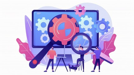 An optimization landing page for search engines. Digital content analysis and marketing technology. Business people at a pc desktop with wrench, magnifier, cogwheel, and line art flat modern web