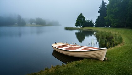 a row boat sitting on top of a lake next to a shore covered in grass and trees on a foggy day in the distance - Powered by Adobe