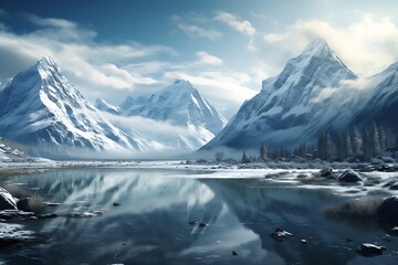Beautiful mountain landscape with lake and snow-capped peaks. - Powered by Adobe