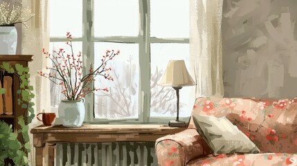 The AI-generated photo shows a cozy living room with a sofa, a table, and a vase of flowers