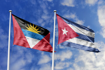  3d illustration. Antigua and Barbuda and Cuba Flag waving in sky. High detailed waving flag. 3D render. Waving in sky. Flags fluttered in the cloudy sky.