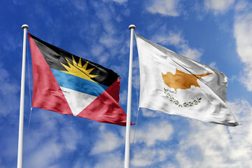  3d illustration. Antigua and Barbuda and Cyprus Flag waving in sky. High detailed waving flag. 3D...