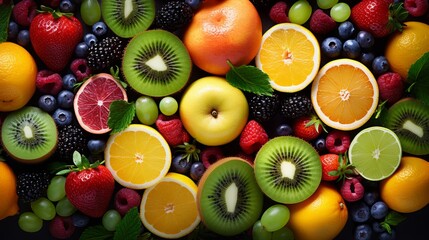 Many fresh fruits mix top down view from above.